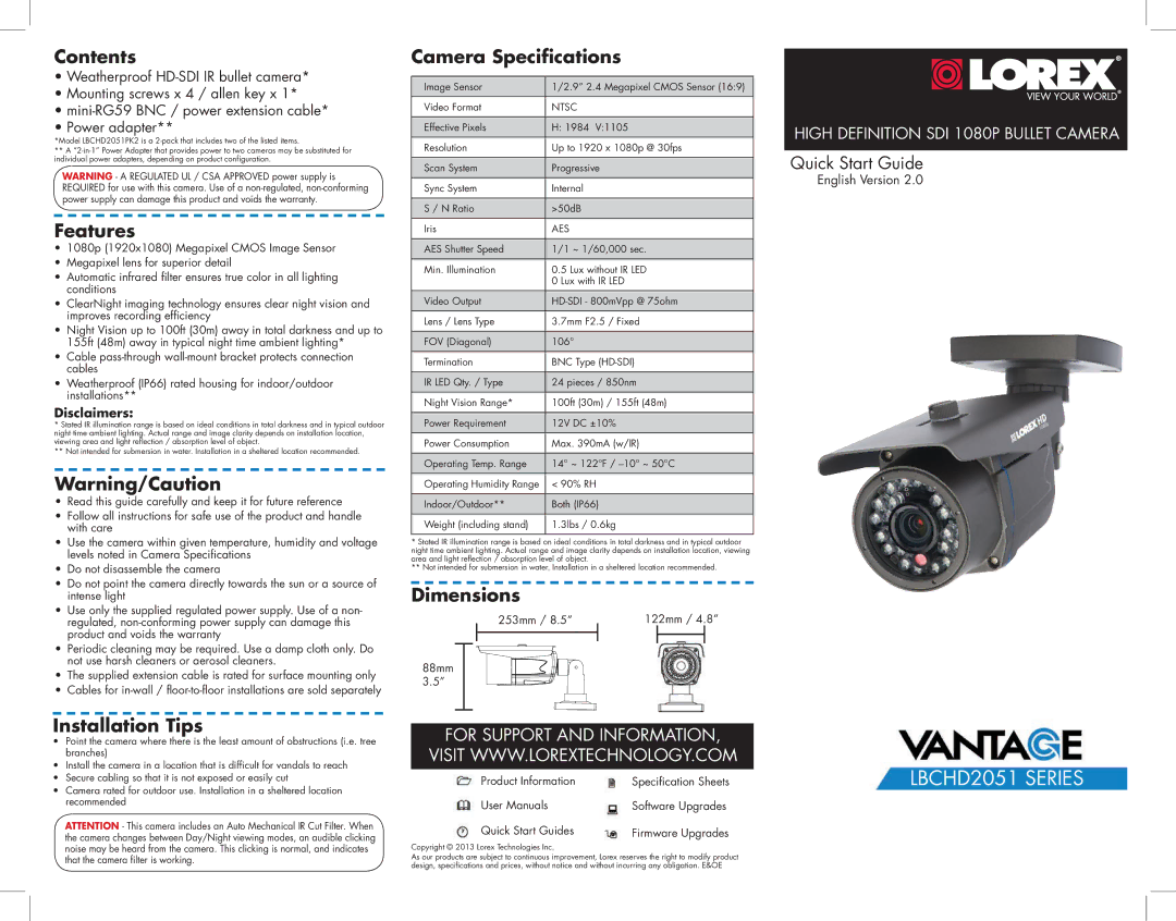 Lorex HD surveillance cameras (2-pack) manual Contents, Features, Camera Specifications, Dimensions, Installation Tips 