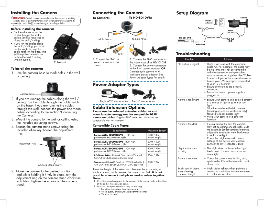 Lorex HD surveillance cameras (2-pack) manual Installing the Camera, Connecting the Camera, Setup Diagram, Troubleshooting 