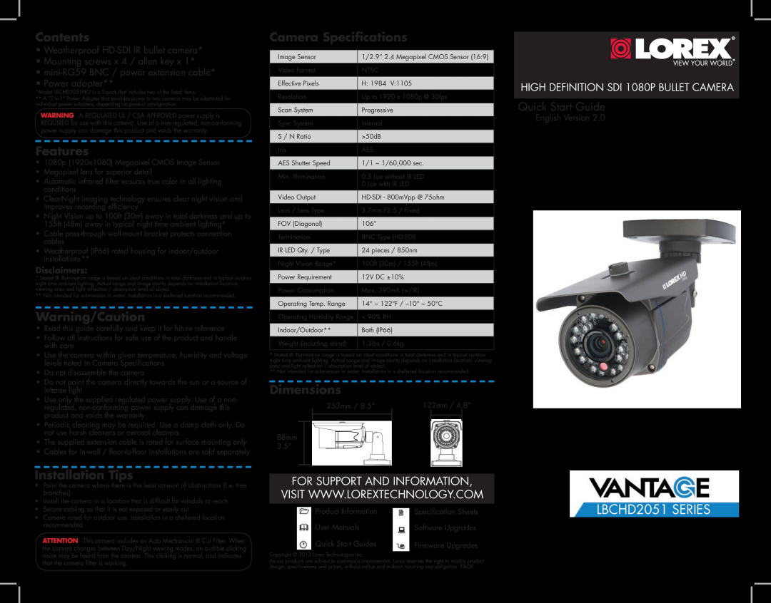 Lorex HD surveillance cameras (2-pack) manual Contents, Features, Warning/Caution, Camera Specifications, Dimensions 