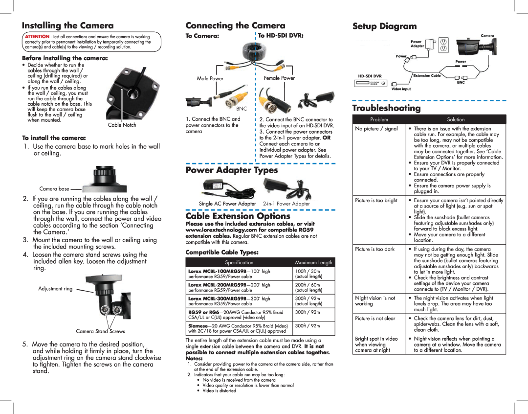 Lorex HD surveillance cameras (2-pack) manual Installing the Camera, Connecting the Camera, Setup Diagram, Troubleshooting 
