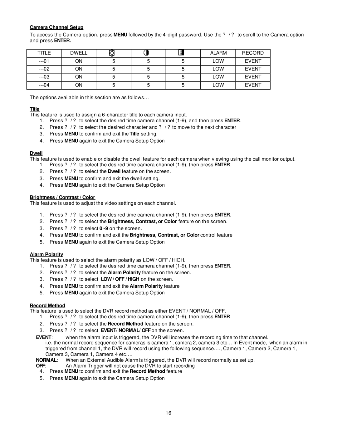 Lorex Security Camera DXR109 manual Camera Channel Setup, Title, Dwell, Brightness / Contrast / Color, Alarm Polarity 