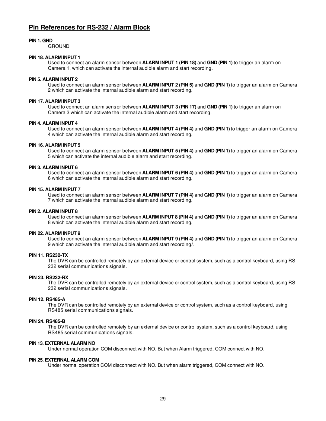 Lorex Security Camera DXR109 manual Pin References for RS-232 / Alarm Block 
