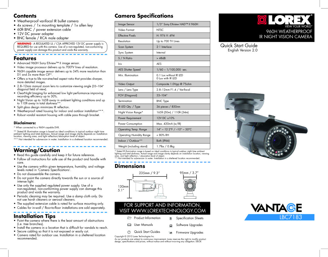 Lorex Security camera with varifocal lens (2-pack) manual Contents, Features, Installation Tips, Camera Specifications 