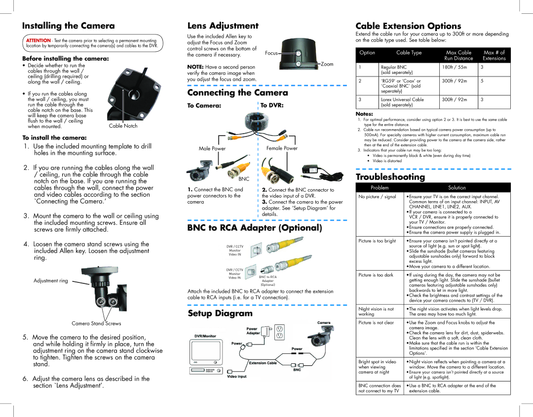 Lorex Security camera with varifocal lens (2-pack) manual Installing the Camera, Lens Adjustment, Connecting the Camera 