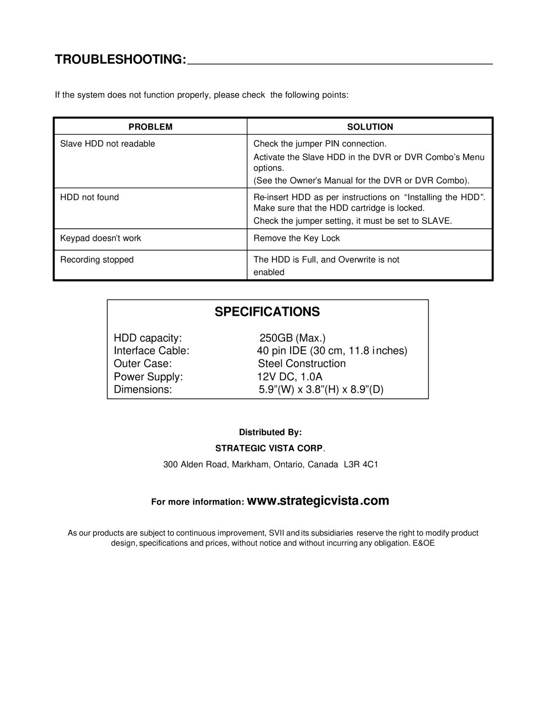 LOREX Technology ACC-HDB80 owner manual Troubleshooting, Specifications, Problem Solution, Strategic Vista Corp 