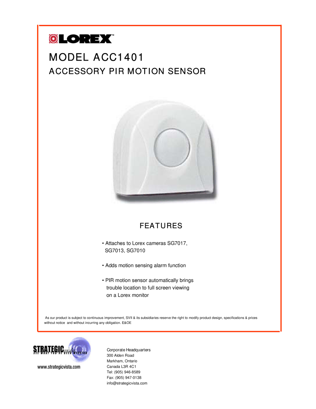 LOREX Technology specifications Model ACC1401, Accessory PIR Motion Sensor, Features 