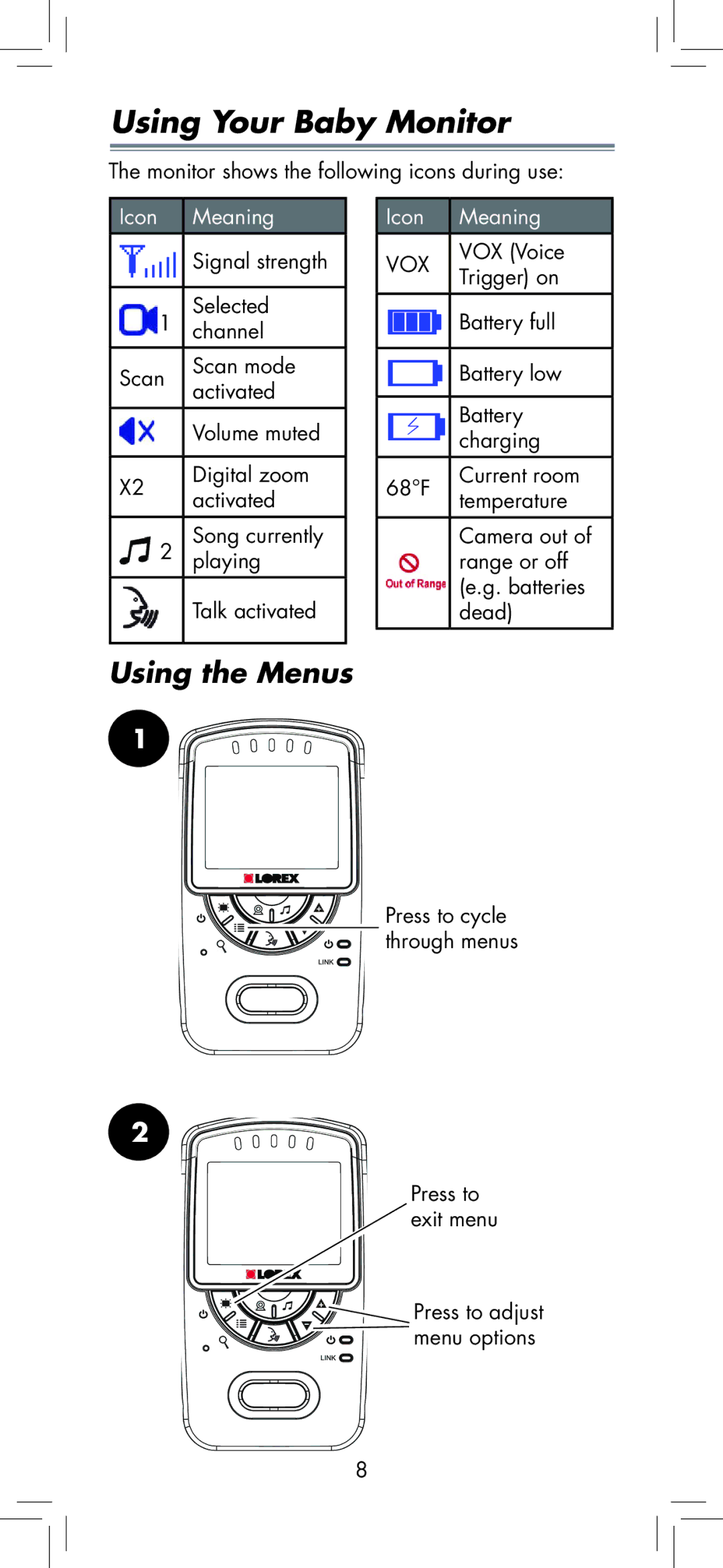 LOREX Technology BB2411 manual Using Your Baby Monitor, Using the Menus 