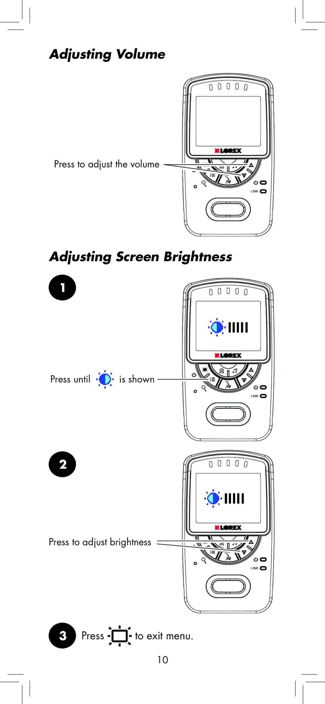 LOREX Technology BB2411 manual Adjusting Volume, Adjusting Screen Brightness 