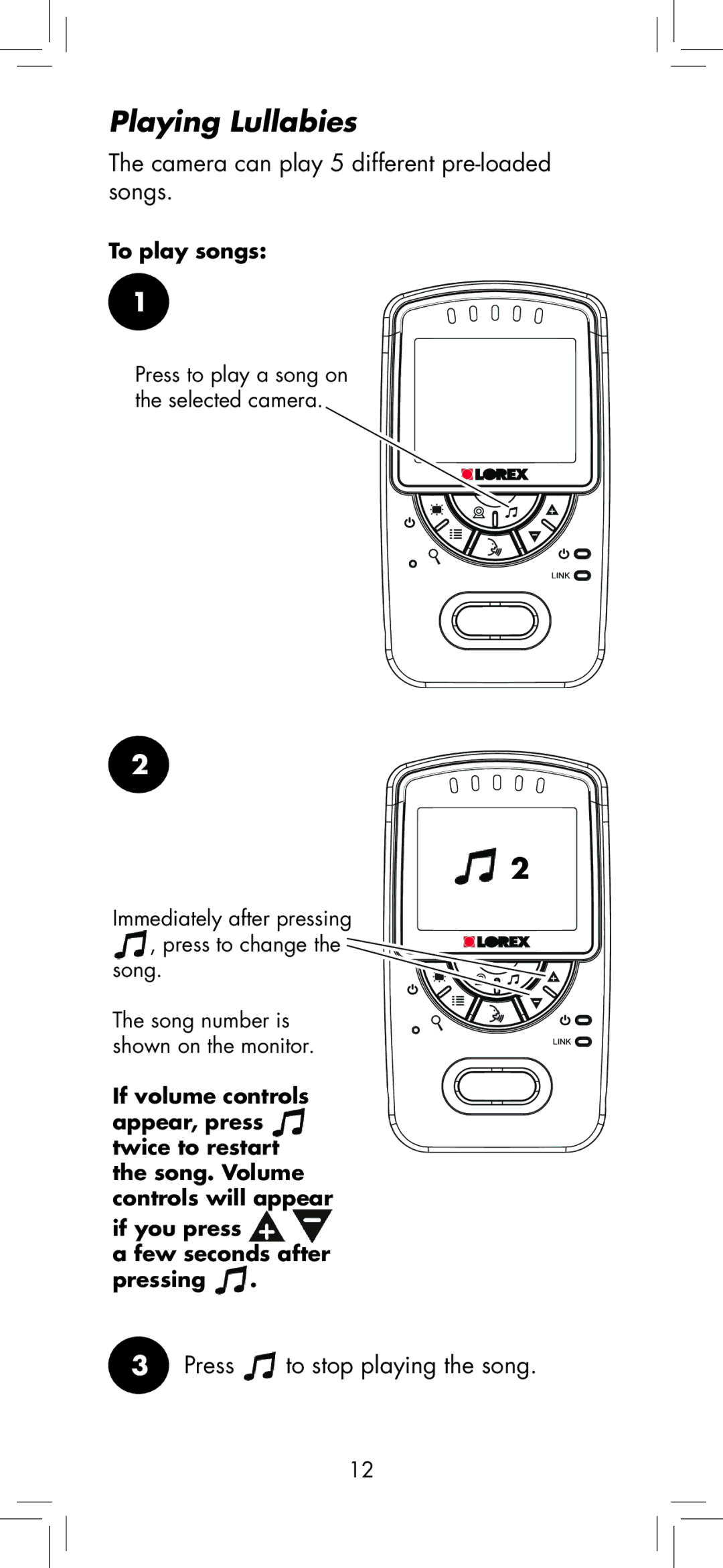 LOREX Technology BB2411 manual Playing Lullabies, Camera can play 5 different pre-loaded songs 