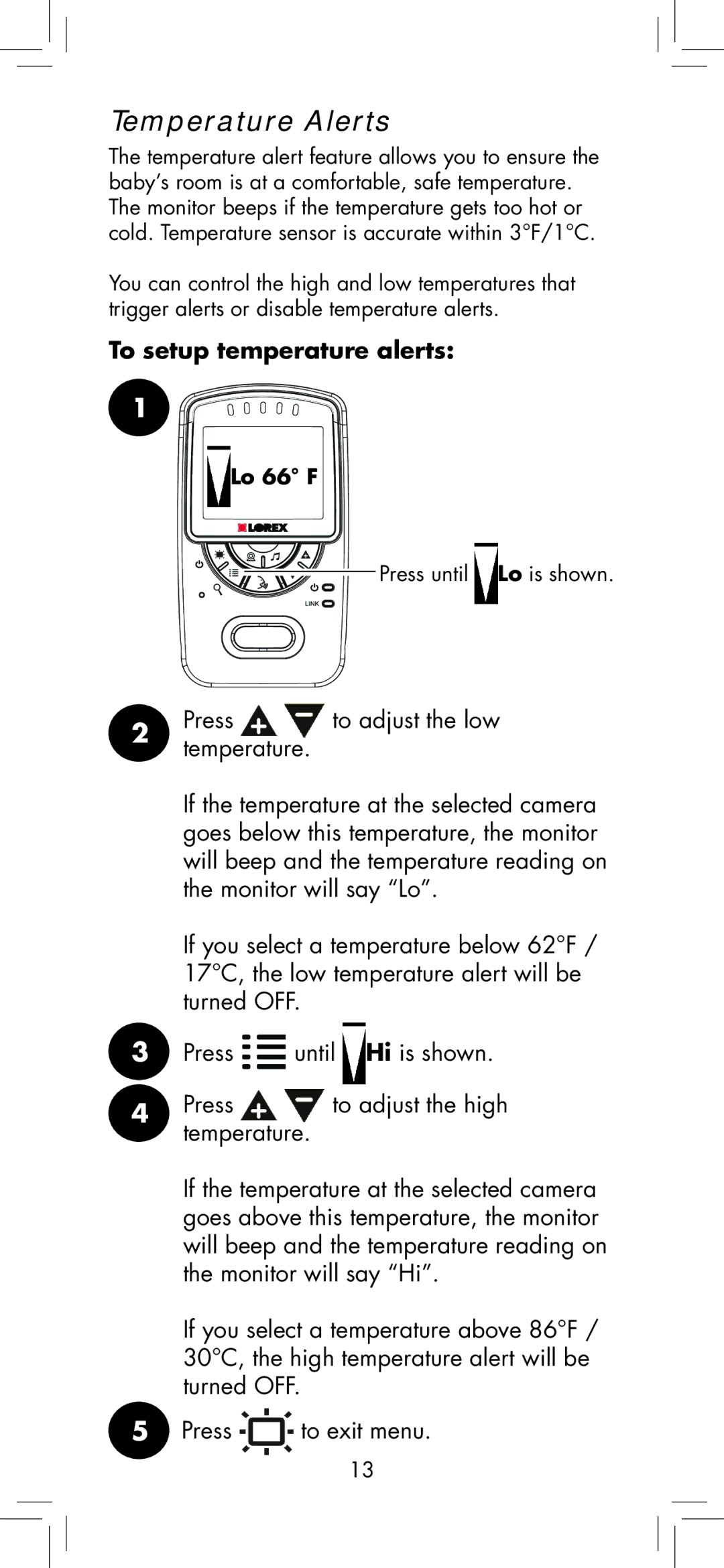 LOREX Technology BB2411 manual Temperature Alerts 