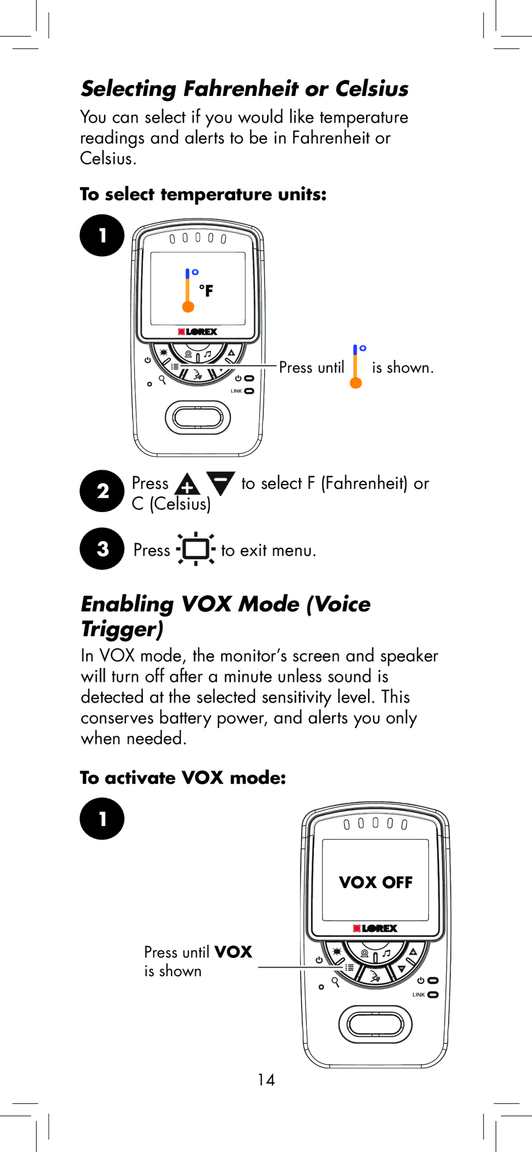 LOREX Technology BB2411 manual Selecting Fahrenheit or Celsius, Enabling VOX Mode Voice Trigger 