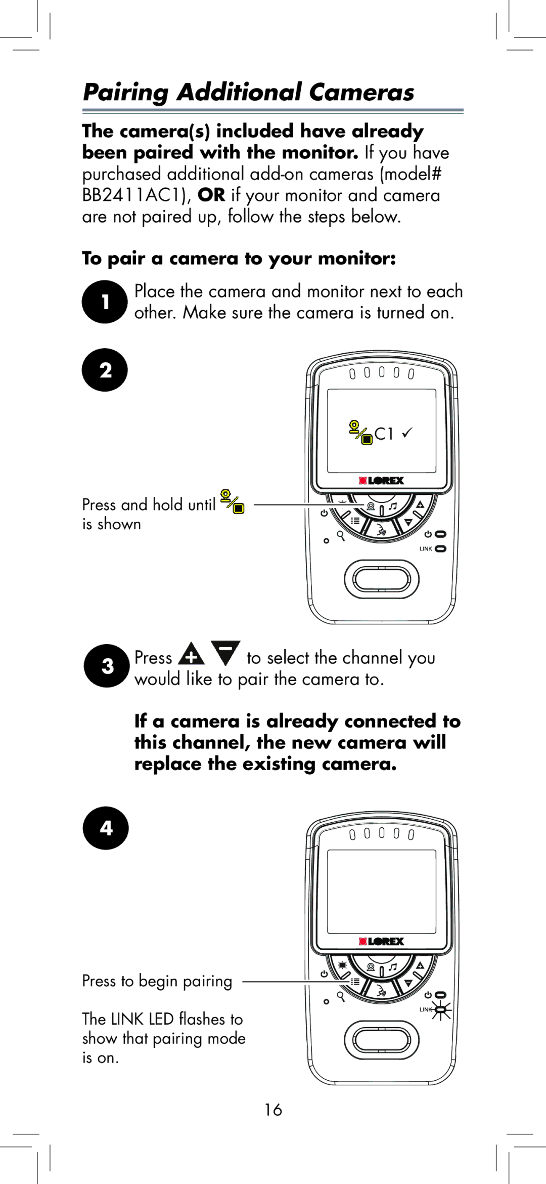 LOREX Technology BB2411 manual Pairing Additional Cameras 