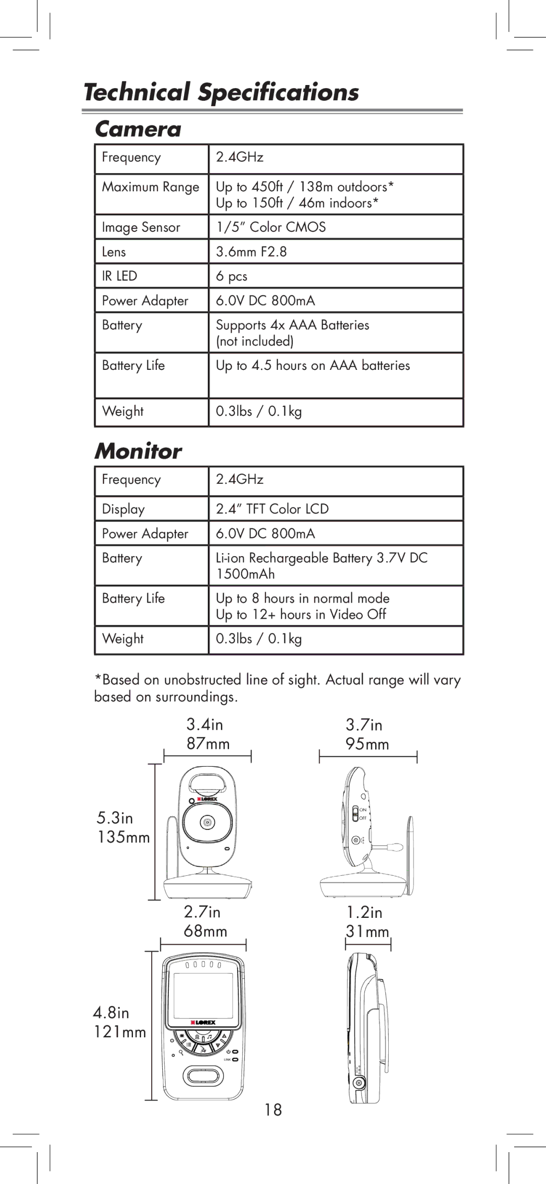 LOREX Technology BB2411 manual Technical Specifications, Camera, Monitor 