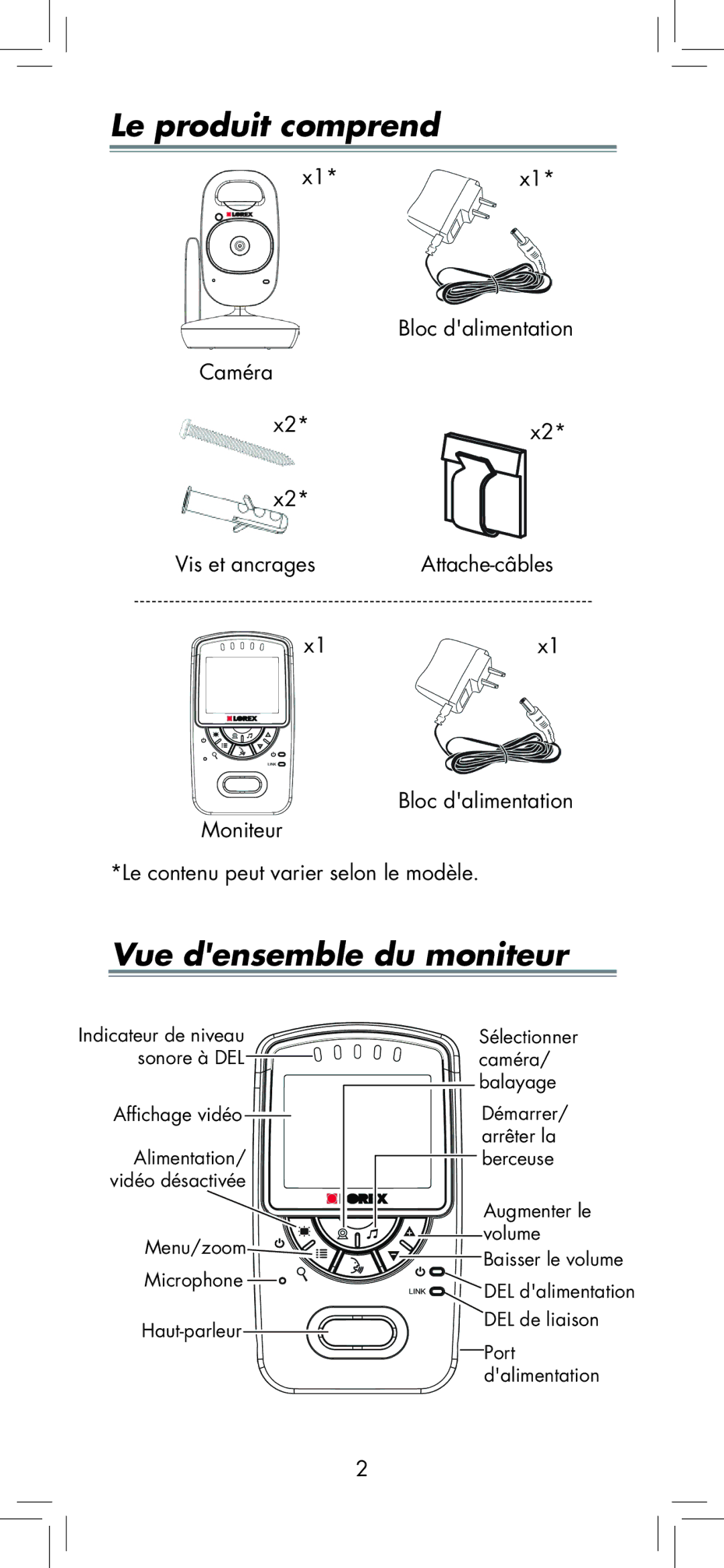 LOREX Technology BB2411 manual Le produit comprend, Vue densemble du moniteur 