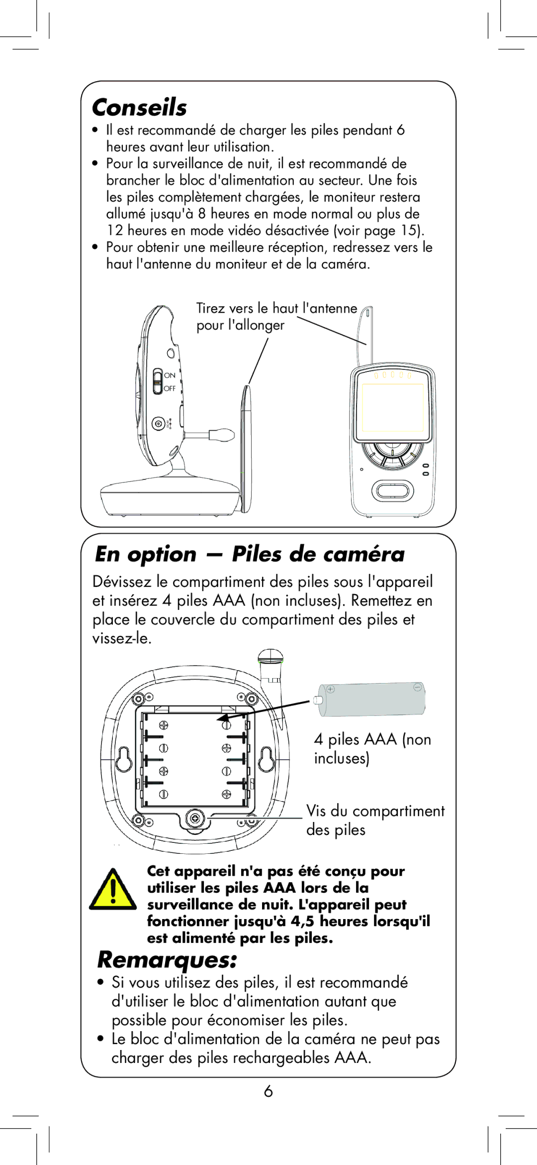 LOREX Technology BB2411 manual Conseils, Remarques, En option Piles de caméra 