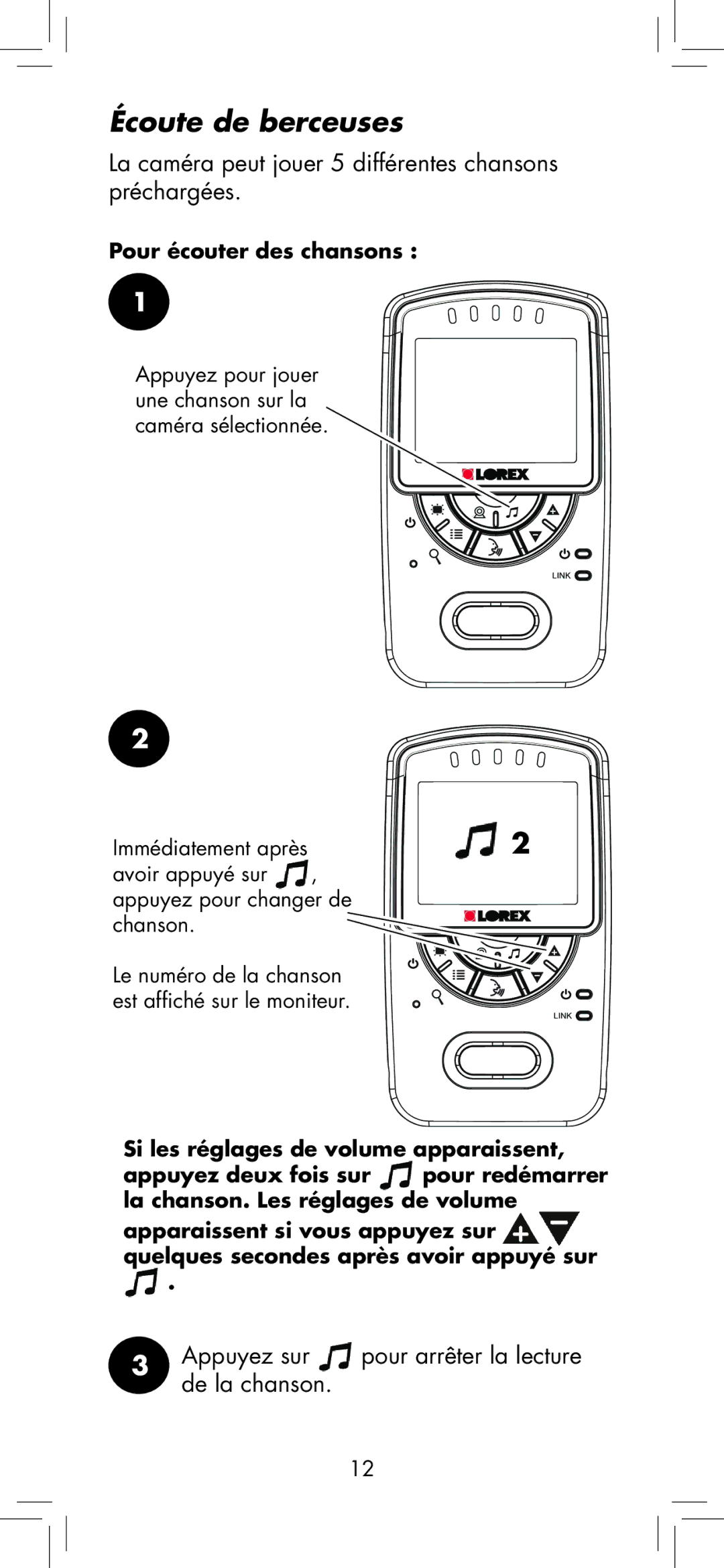 LOREX Technology BB2411 manual Écoute de berceuses, La caméra peut jouer 5 différentes chansons préchargées 