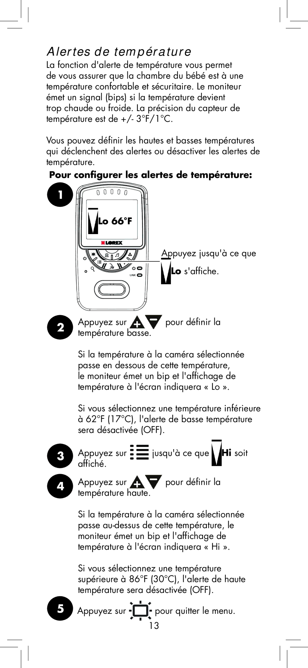 LOREX Technology BB2411 manual Alertes de température 