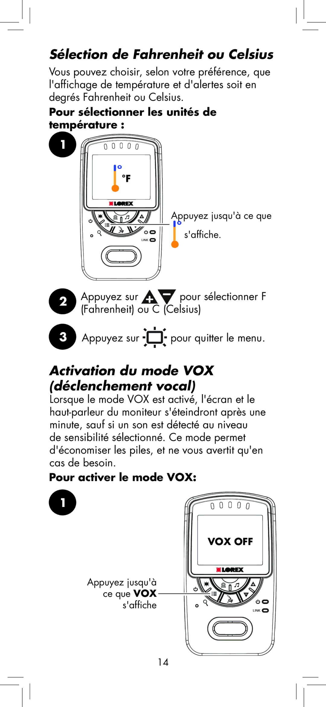 LOREX Technology BB2411 manual Sélection de Fahrenheit ou Celsius, Activation du mode VOX déclenchement vocal 