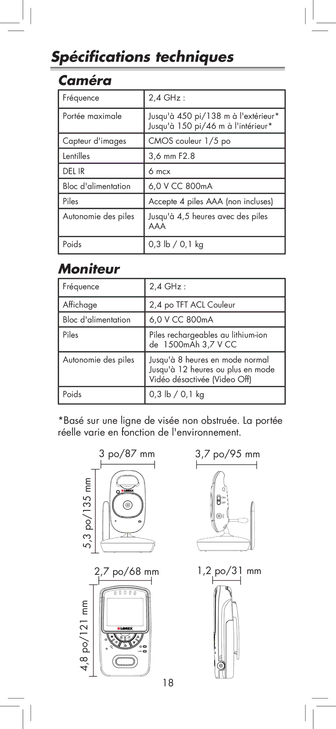 LOREX Technology BB2411 manual Spécifications techniques, Caméra, Moniteur 