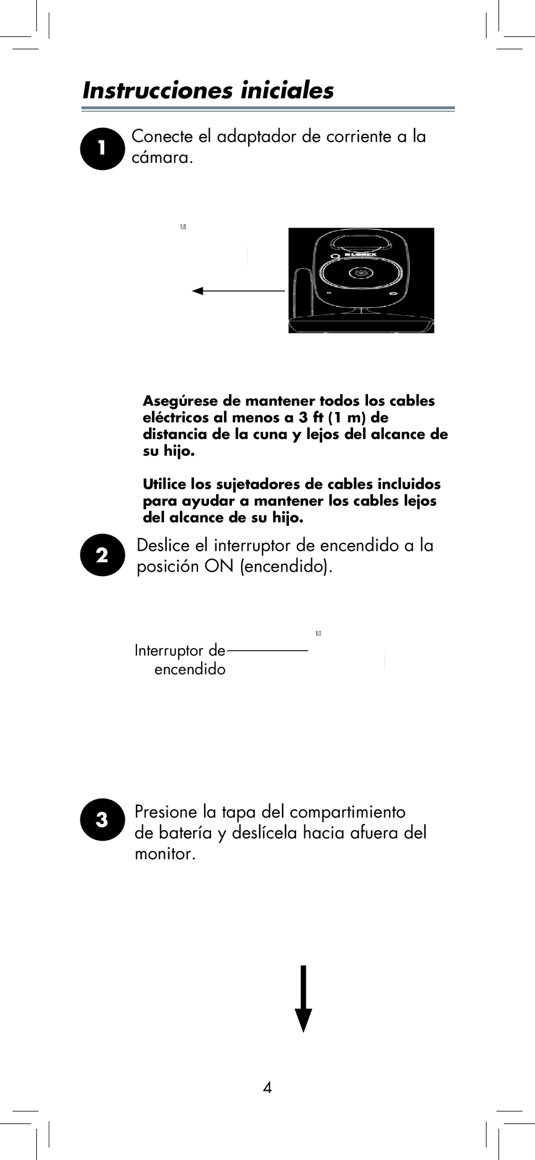 LOREX Technology BB2411 manual Instrucciones iniciales, Conectecámara. el adaptador de corriente a la 