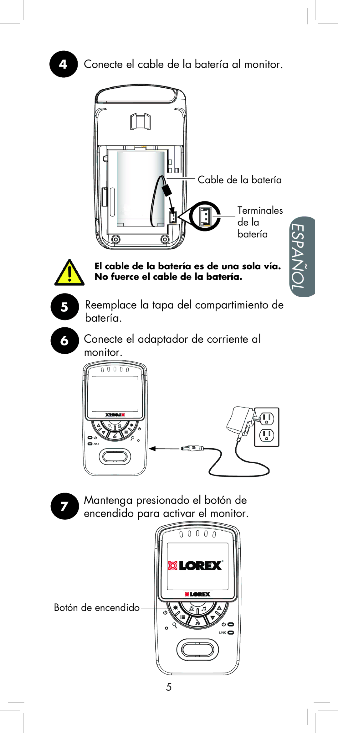 LOREX Technology BB2411 manual Conecte el cable de la batería al monitor 