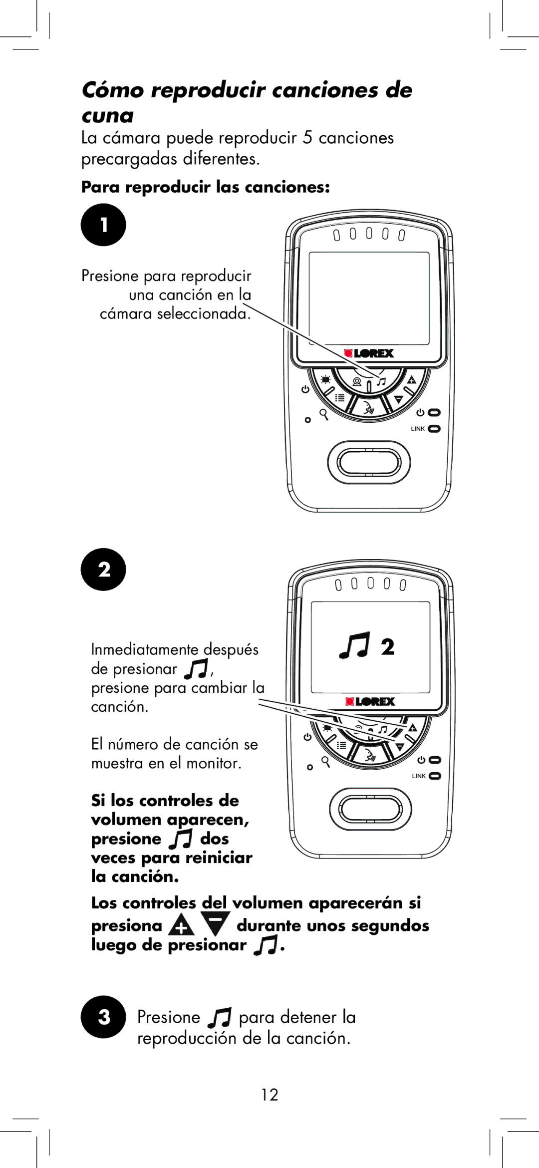 LOREX Technology BB2411 manual Cómo reproducir canciones de cuna, Para reproducir las canciones 