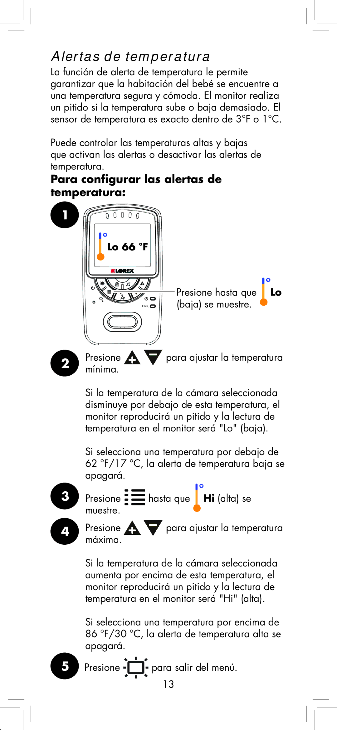 LOREX Technology BB2411 manual Alertas de temperatura, Mínima 