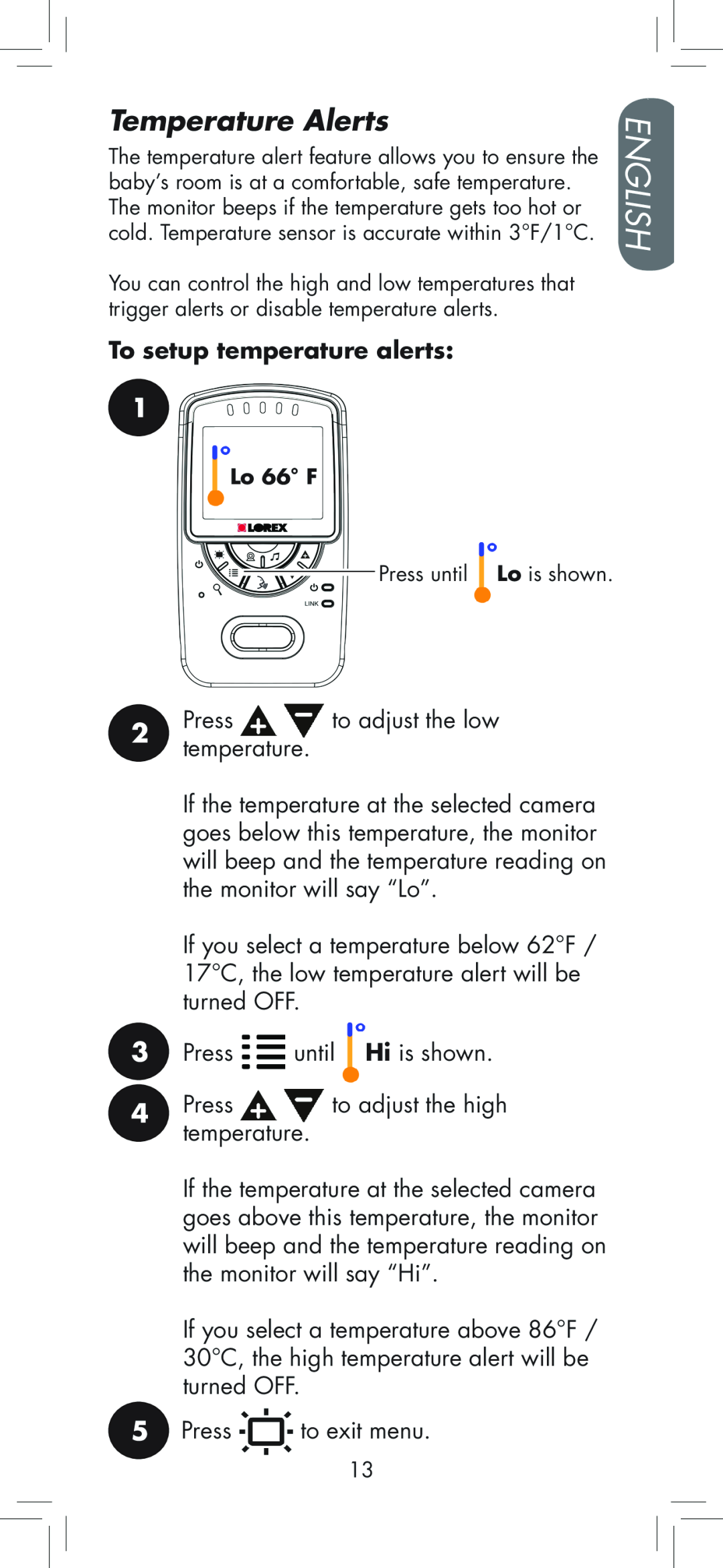 LOREX Technology BB2411 manual Temperature Alerts, English, To setup temperature alerts 