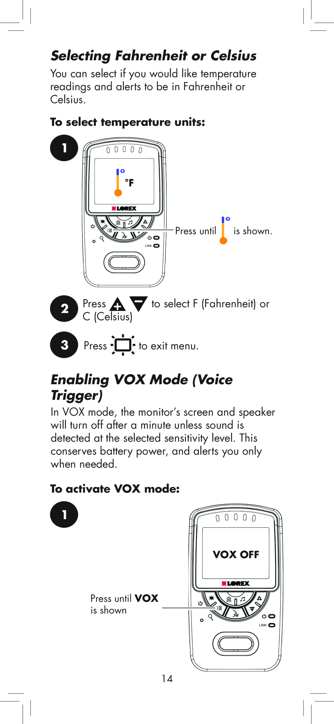 LOREX Technology BB2411 Selecting Fahrenheit or Celsius, Enabling VOX Mode Voice Trigger, To select temperature units 