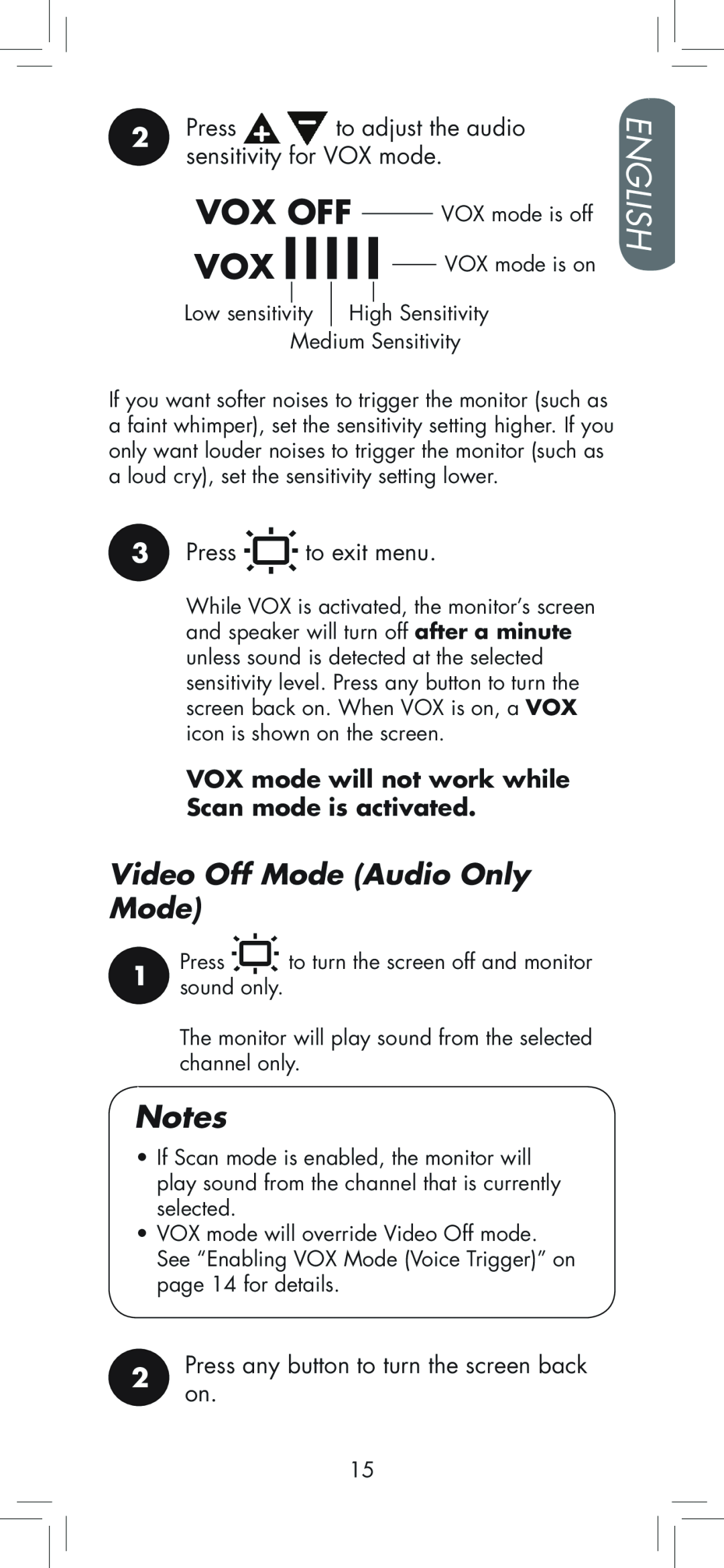 LOREX Technology BB2411 manual Vox Off, Video Off Mode Audio Only Mode, English, Notes 