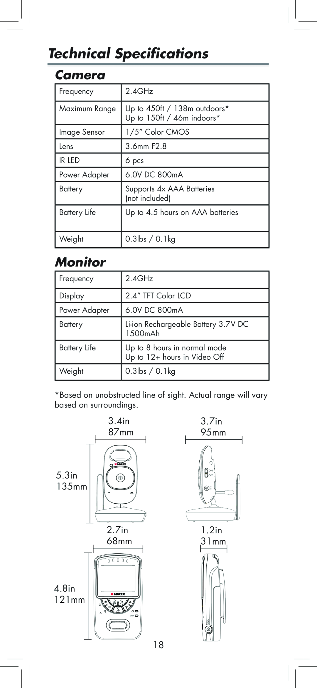 LOREX Technology BB2411 Technical Specifications, Camera, Monitor, 3.4in, 3.7in, 87mm, 95mm, 5.3in 135mm, 2.7in, 1.2in 