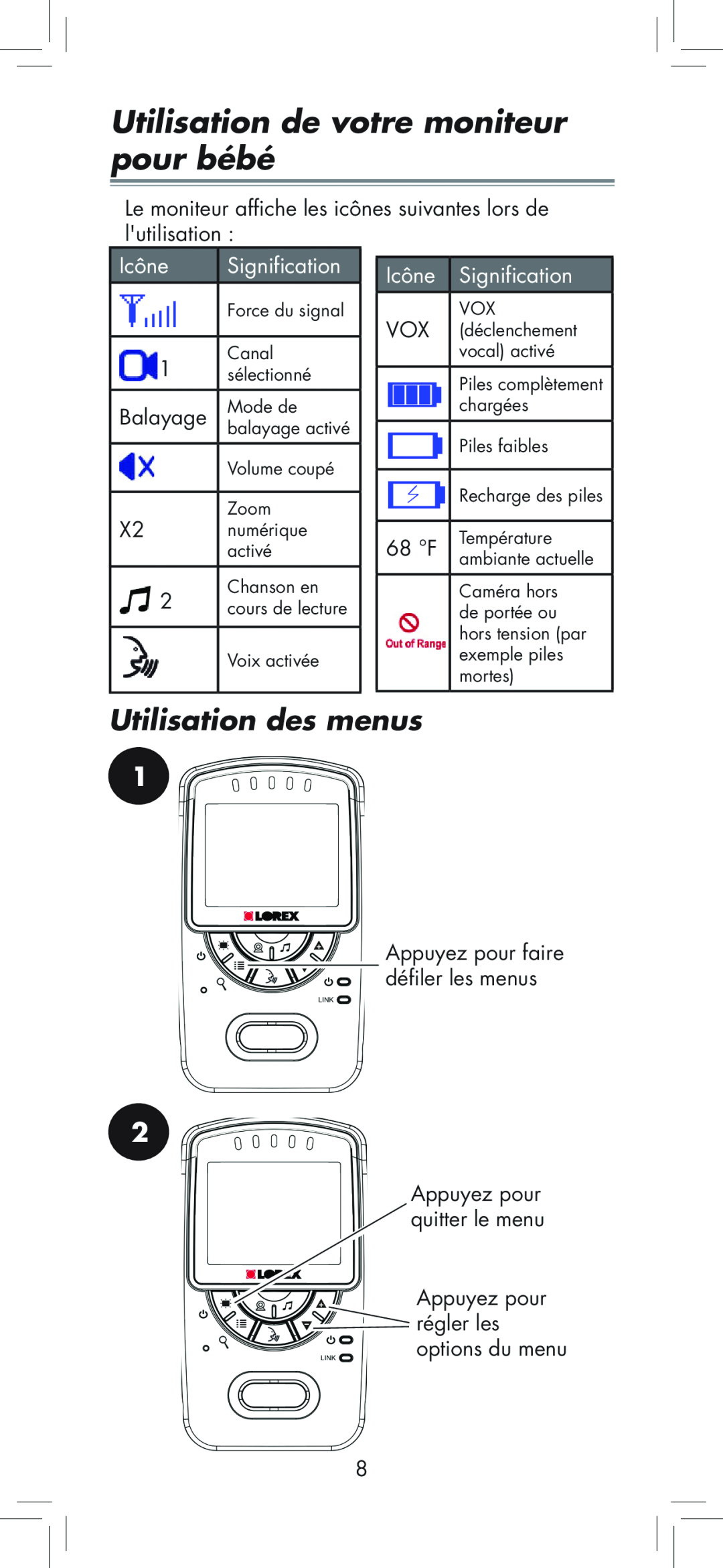 LOREX Technology BB2411 manual Utilisation de votre moniteur pour bébé, Utilisation des menus, Icône, Signification 