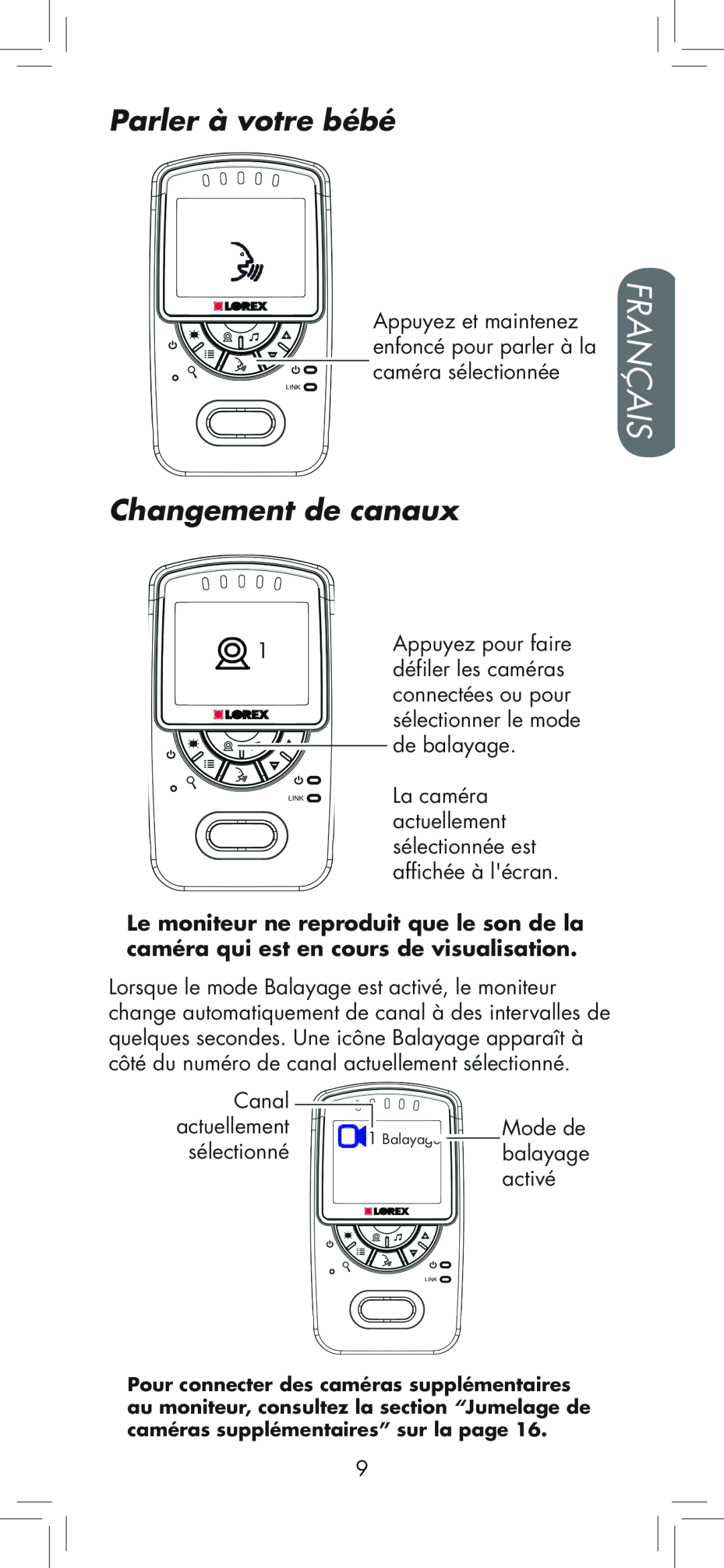 LOREX Technology BB2411 manual Parler à votre bébé, Changement de canaux, Français 