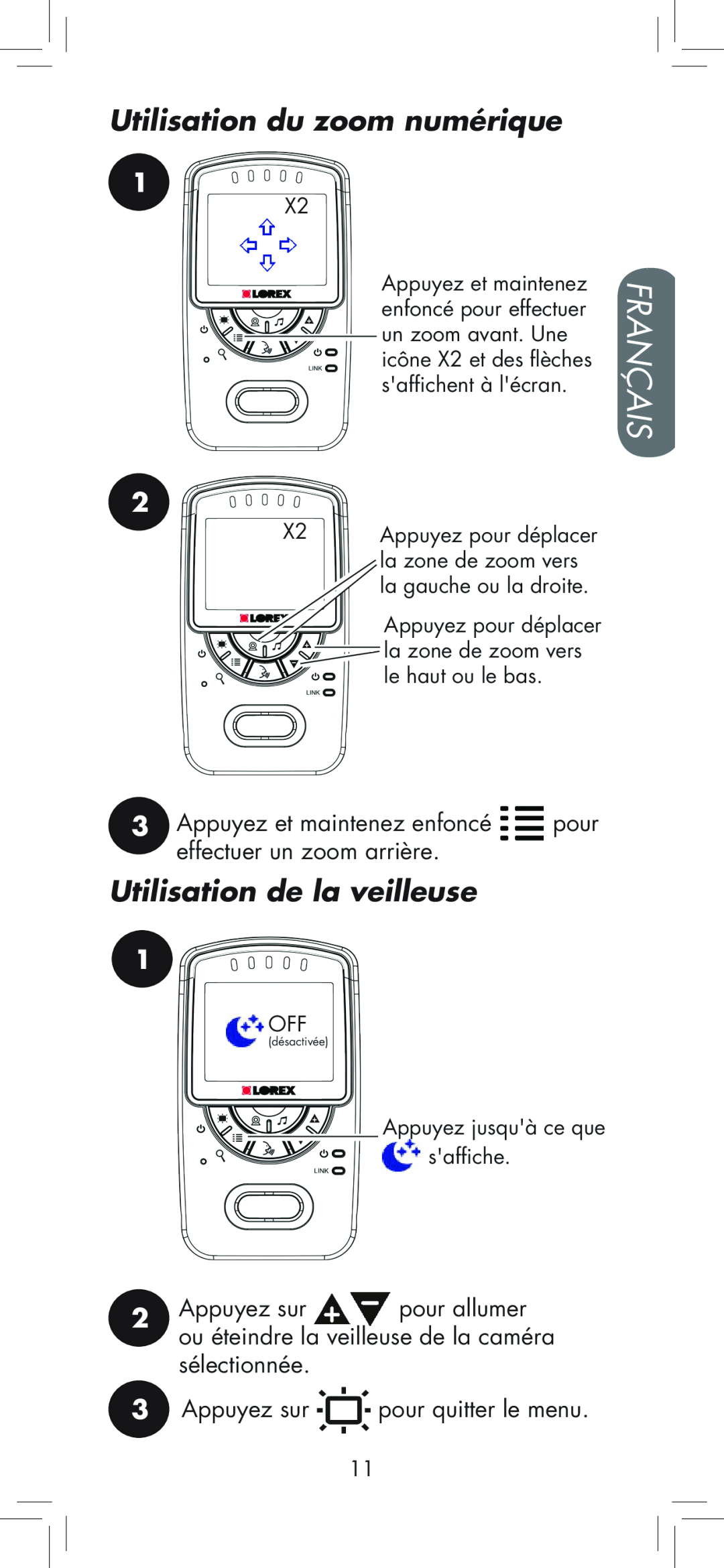 LOREX Technology BB2411 manual Utilisation du zoom numérique, Utilisation de la veilleuse, Français, le haut ou le bas 