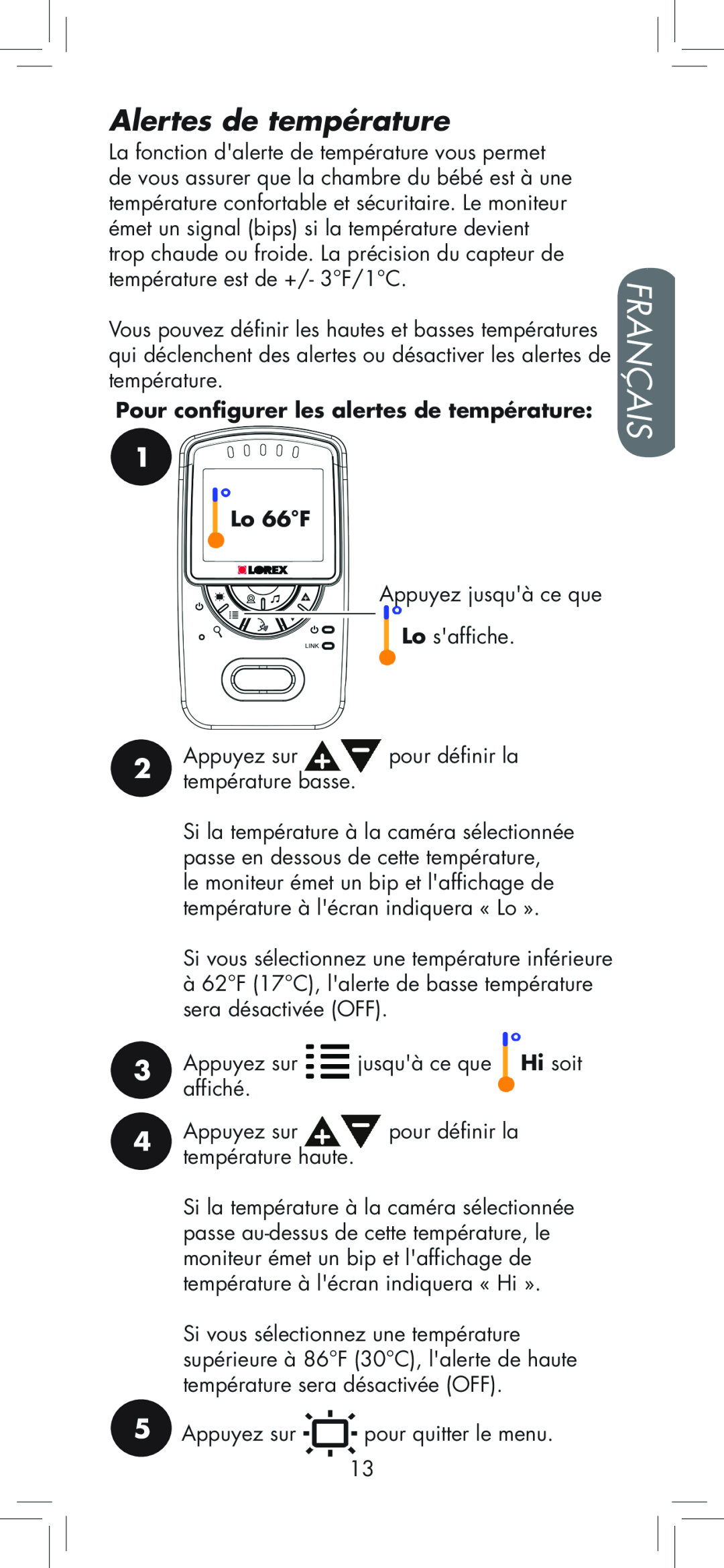 LOREX Technology BB2411 manual Alertes de température, Français, Pour configurer les alertes de température, Lo 66F 