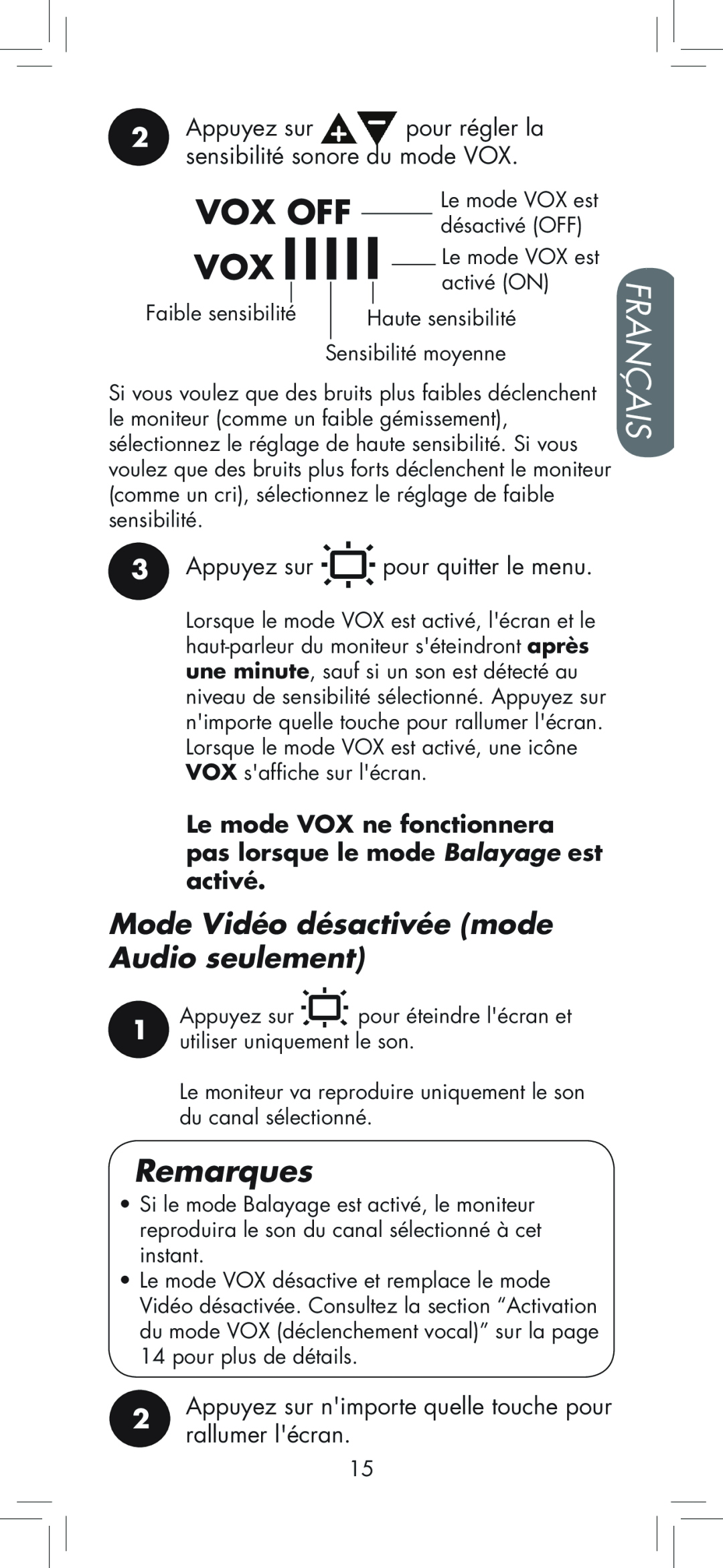 LOREX Technology BB2411 manual Mode Vidéo désactivée mode Audio seulement, Vox Off, Français, Remarques, Appuyez sur 