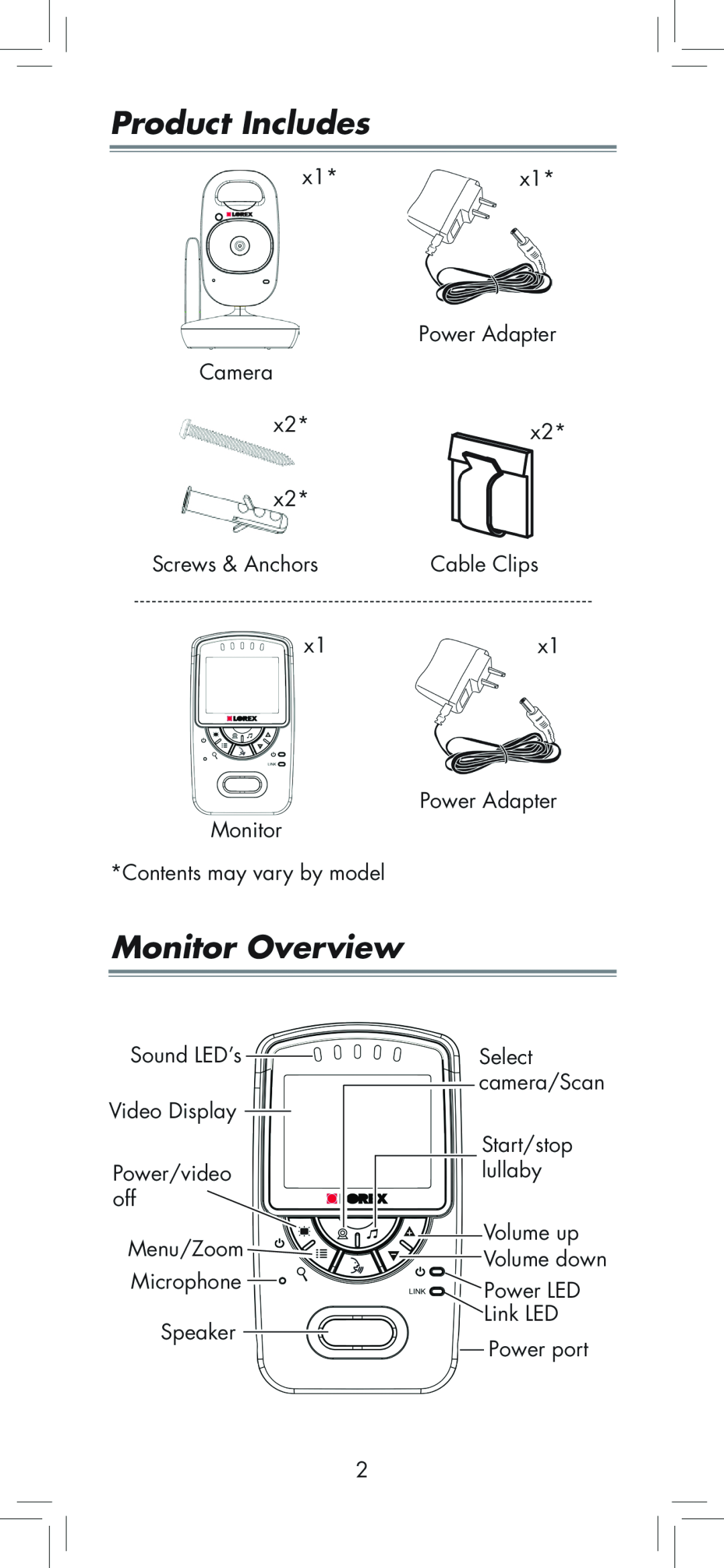 LOREX Technology BB2411 manual Product Includes, Monitor Overview, x1 Camera x2 x2 Screws & Anchors x1 Monitor 