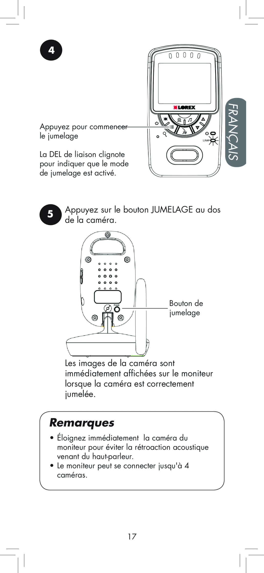LOREX Technology BB2411 manual Français, Remarques, Appuyez pour commencer le jumelage 