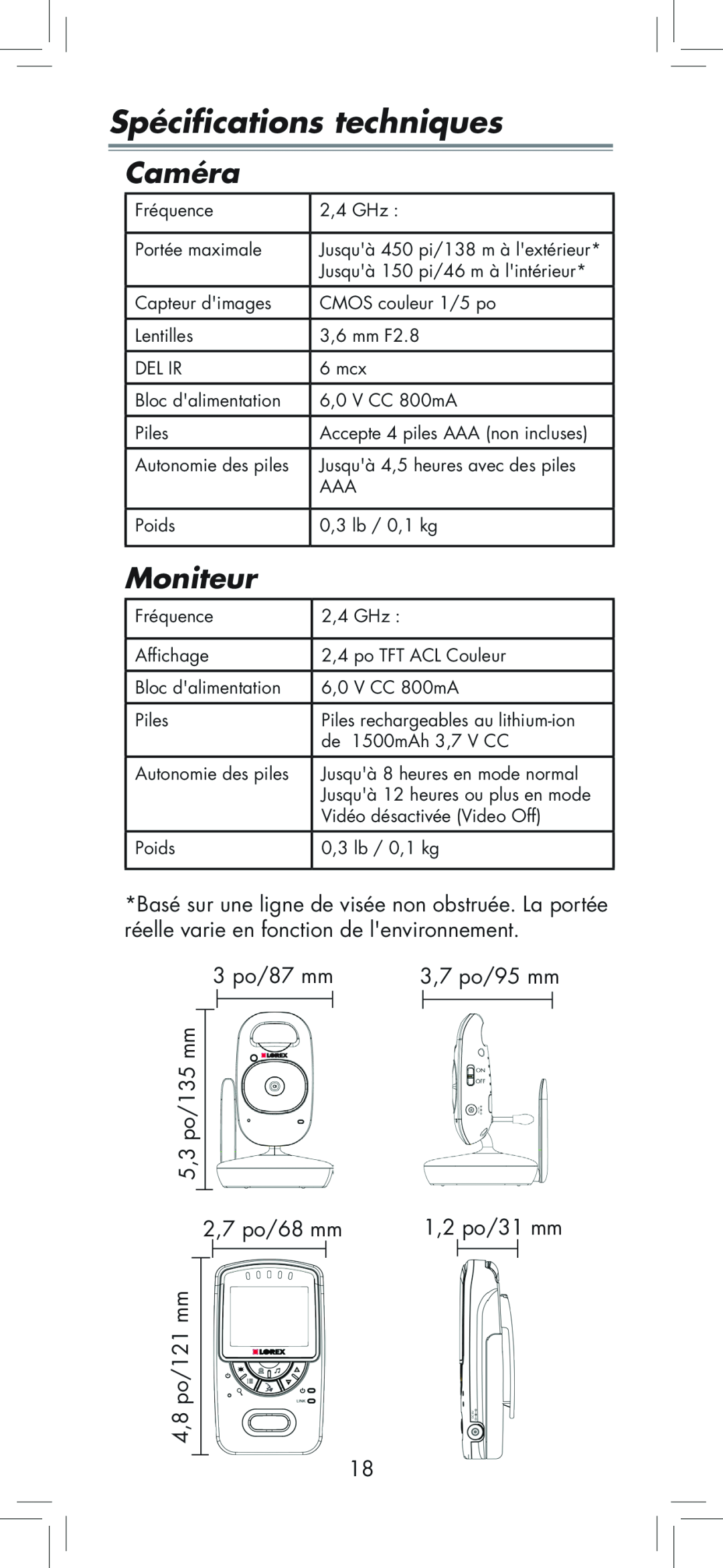 LOREX Technology BB2411 Spécifications techniques, Caméra, Moniteur, 5,3 po/135 mm 4,8 po/121 mm, 3 po/87 mm, 3,7 po/95 mm 