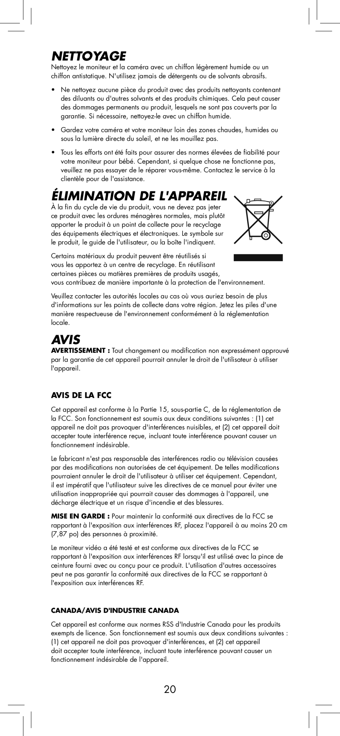 LOREX Technology BB2411 manual Nettoyage, Élimination De Lappareil, Avis De La Fcc, Canada/Avis Dindustrie Canada 