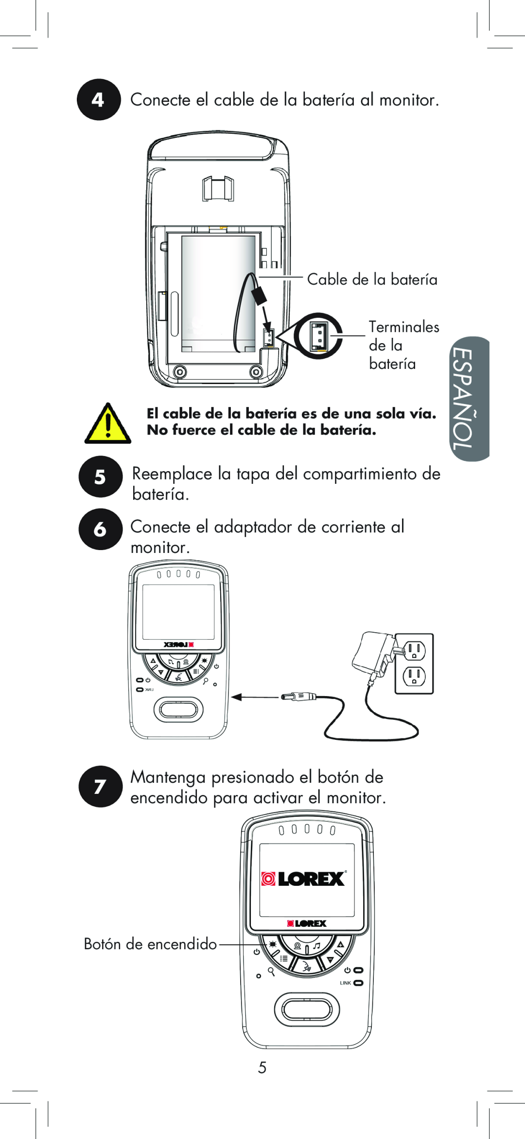 LOREX Technology BB2411 Español, 4Conecte el cable de la batería al monitor, 6Conecte el adaptador de corriente al monitor 