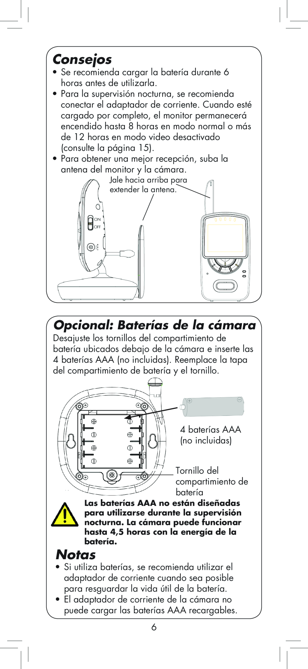 LOREX Technology BB2411 manual Consejos, Notas, Opcional: Baterías de la cámara 