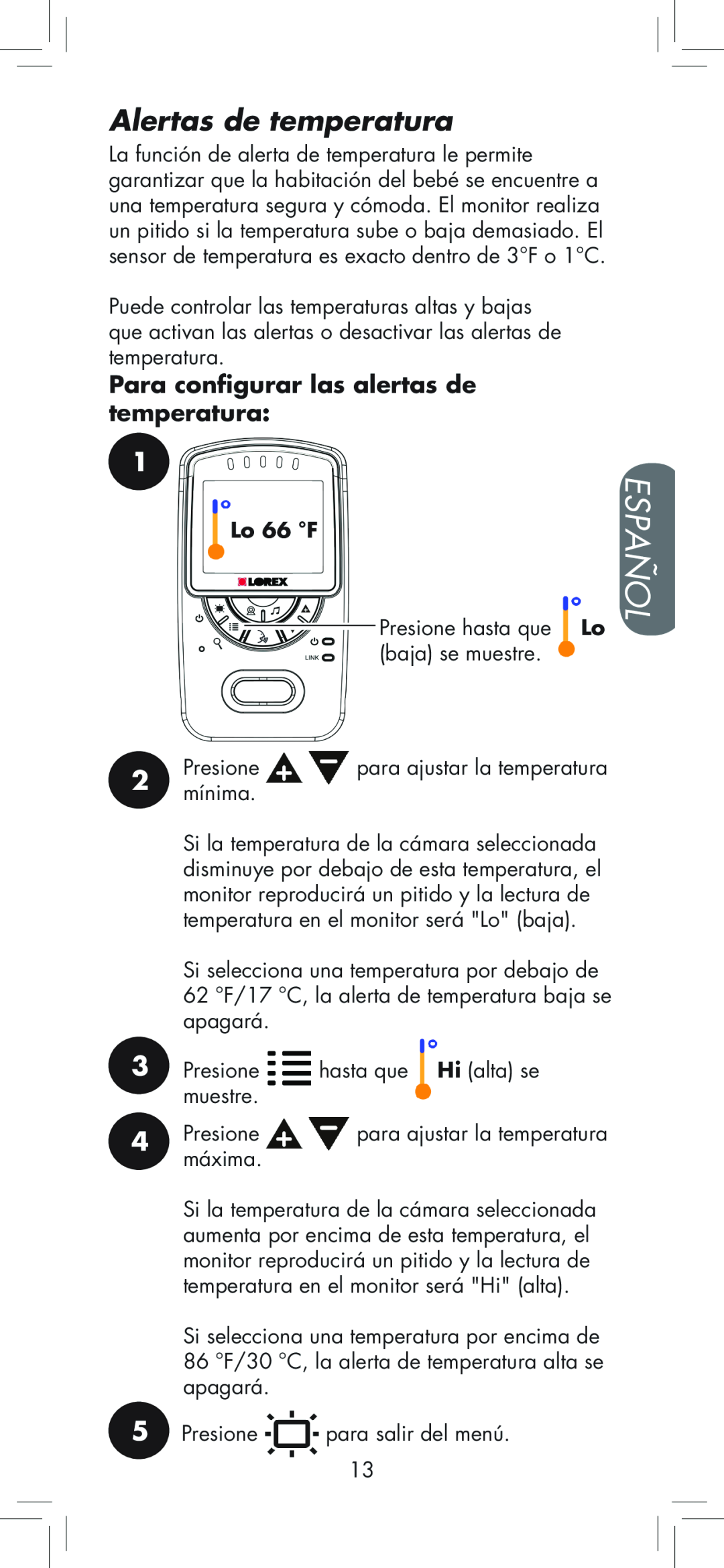 LOREX Technology BB2411 manual Alertas de temperatura, Español, Para configurar las alertas de temperatura 