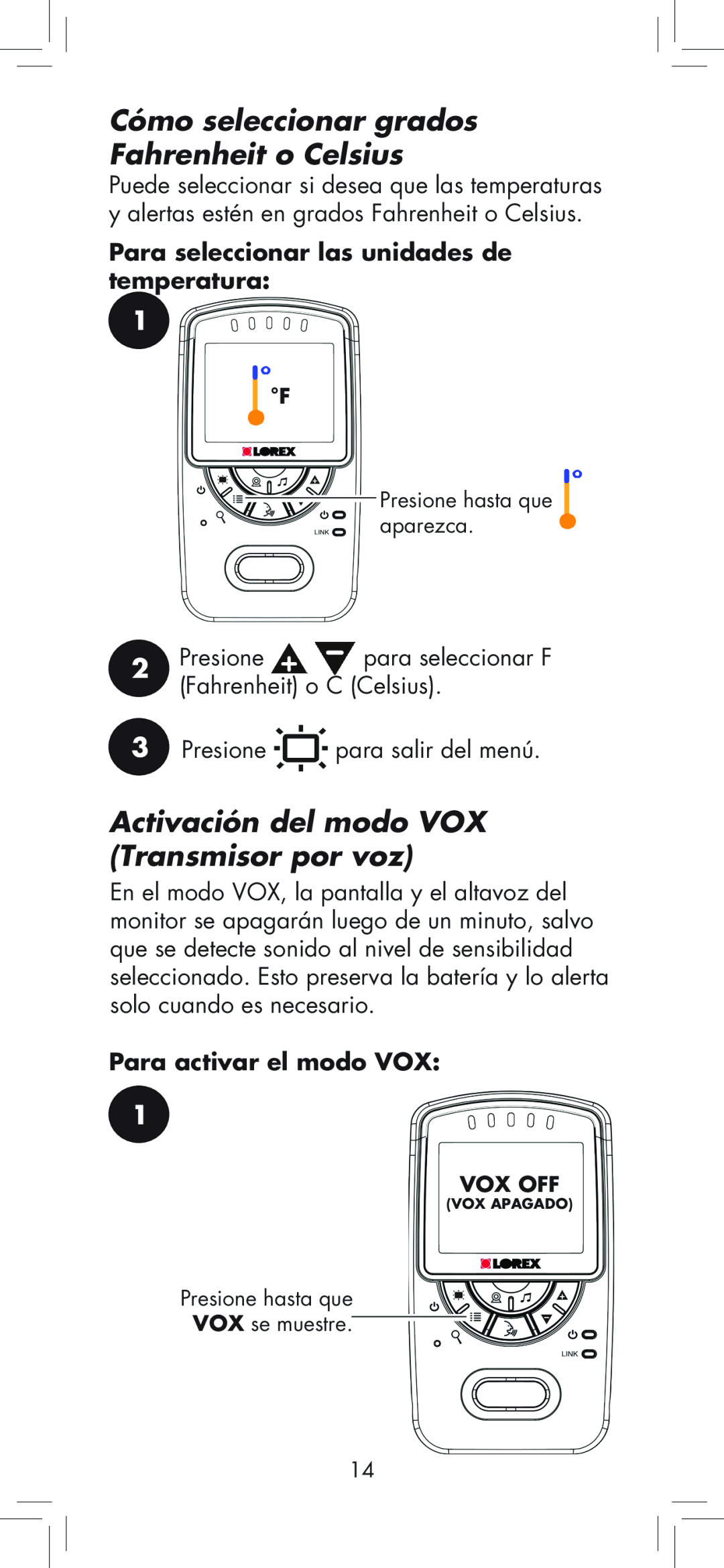 LOREX Technology BB2411 manual Cómo seleccionar grados Fahrenheit o Celsius, Activación del modo VOX Transmisor por voz 