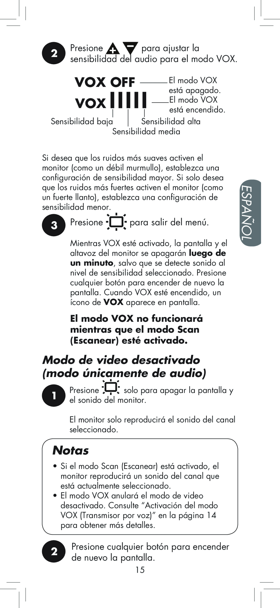 LOREX Technology BB2411 manual Vox Off, Español, Notas, Presione, para ajustar la, sensibilidad del audio para el modo VOX 
