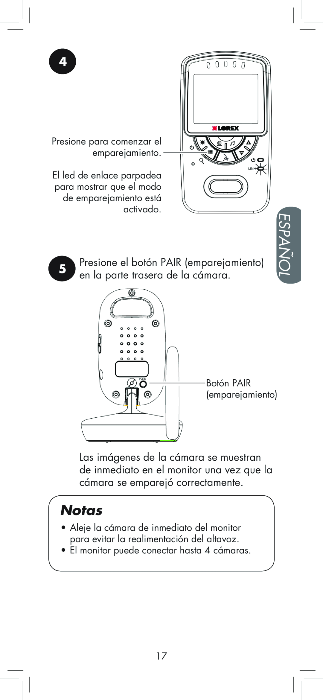 LOREX Technology BB2411 manual Español, Notas, •El monitor puede conectar hasta 4 cámaras, Botón PAIR emparejamiento 
