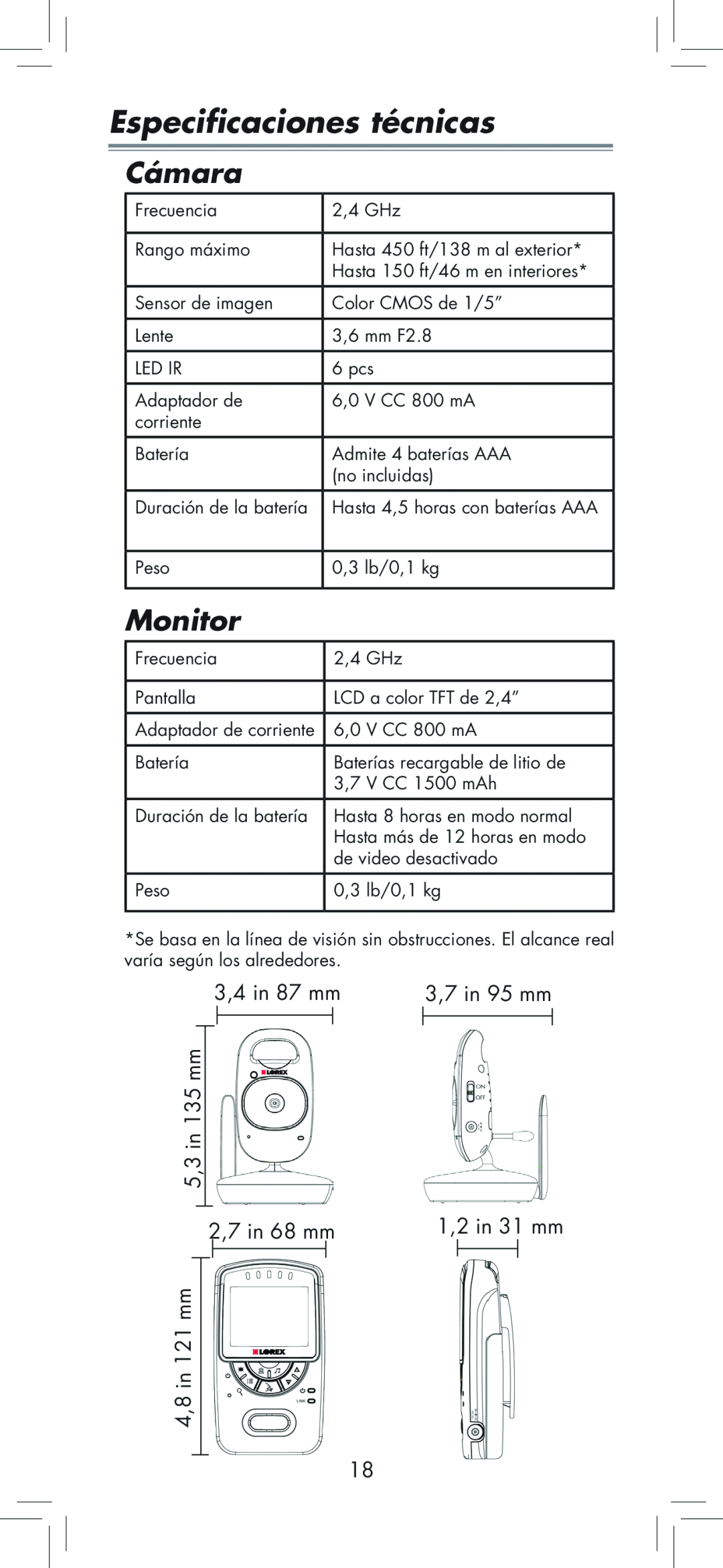 LOREX Technology BB2411 manual Especificaciones técnicas, Cámara, Monitor, 3,4 in 87 mm, 3,7 in 95 mm, 5,3 in 135 mm 