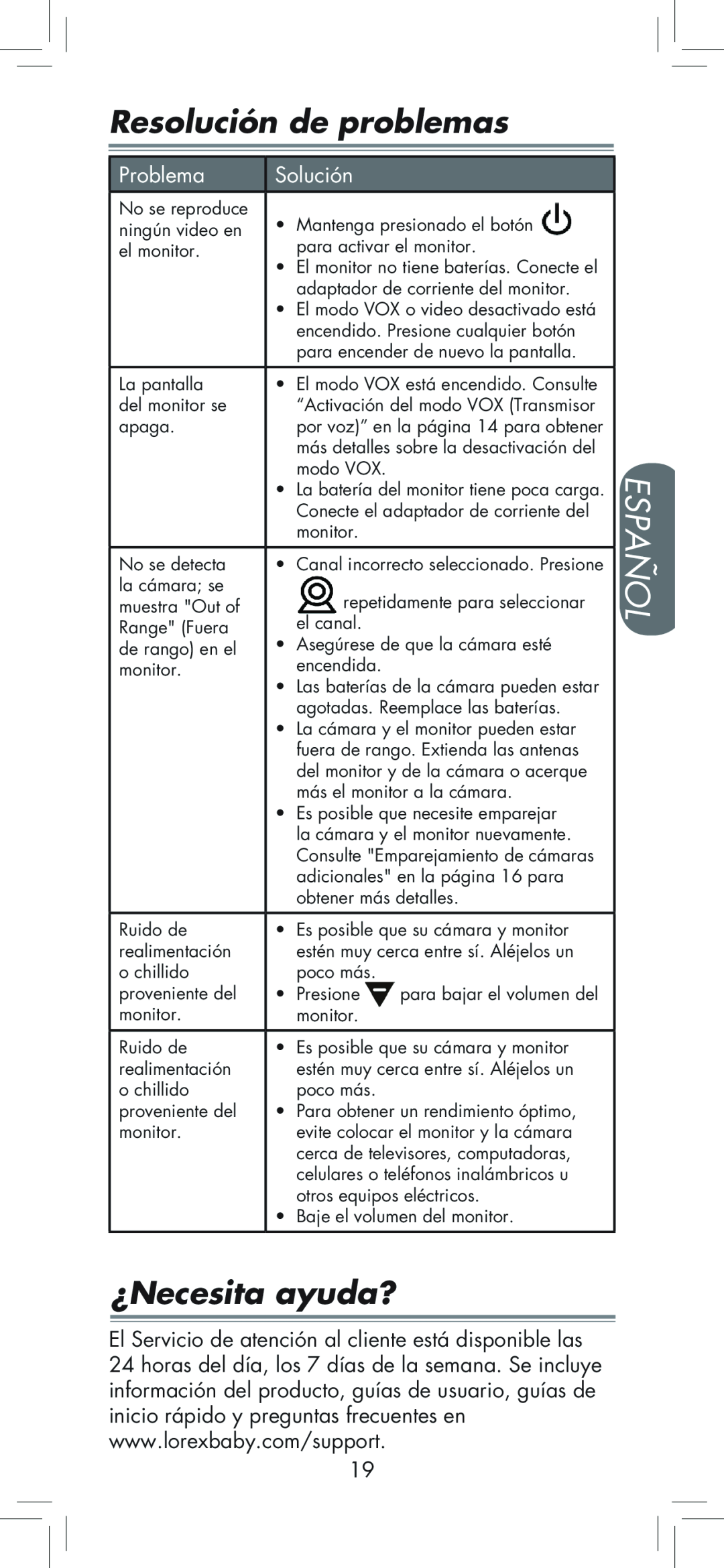 LOREX Technology BB2411 manual Resolución de problemas, ¿Necesita ayuda?, Español, Problema, Solución 