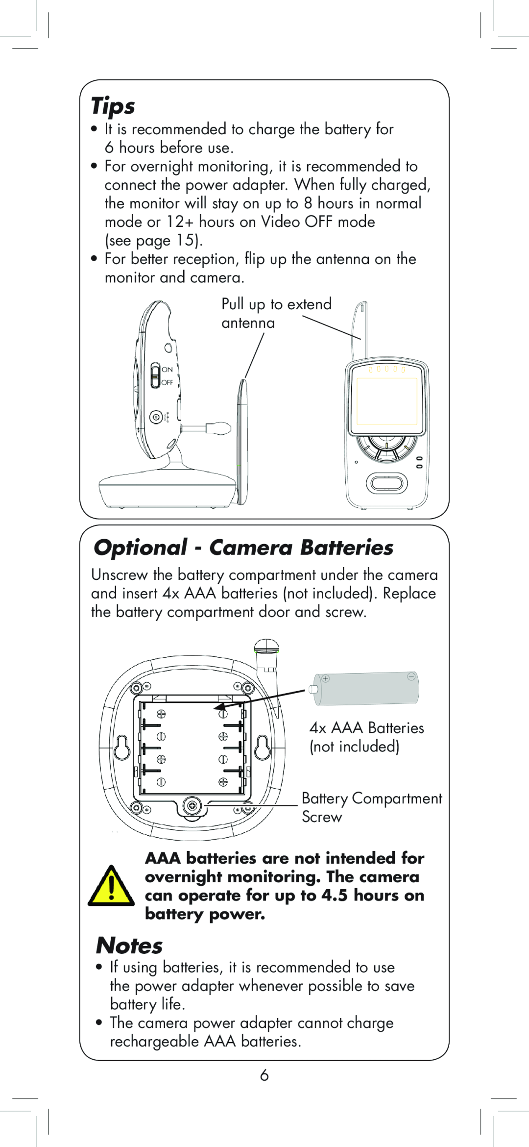 LOREX Technology BB2411 manual Tips, Notes, Optional - Camera Batteries 