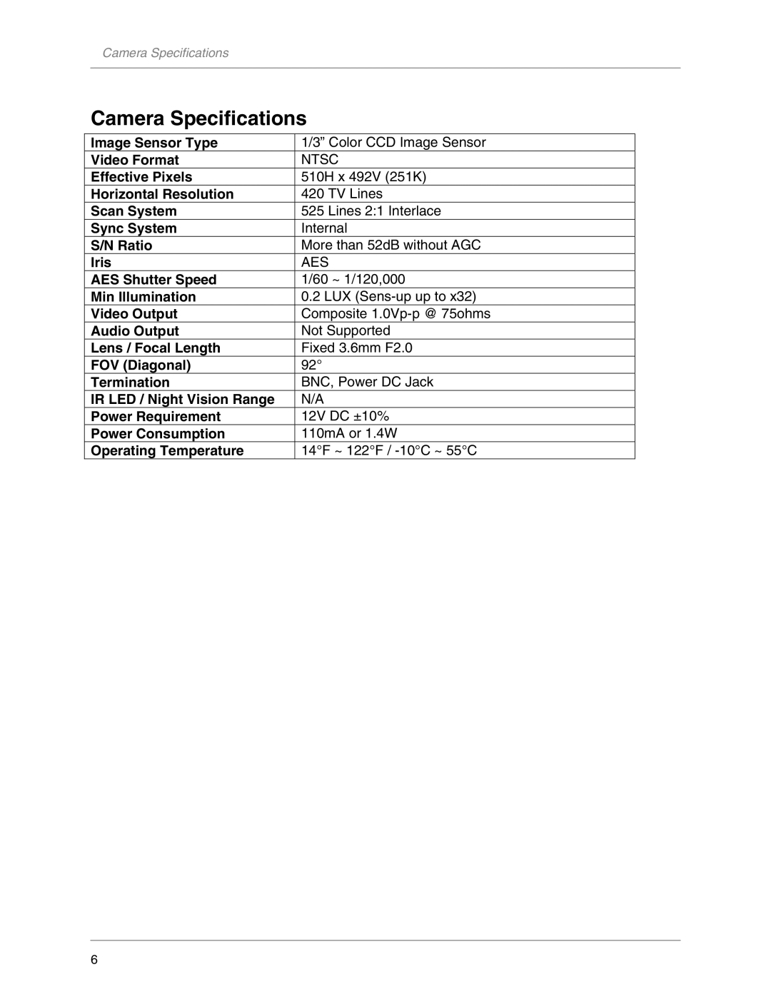 LOREX Technology DCC1020, CNC1020 warranty Camera Specifications 